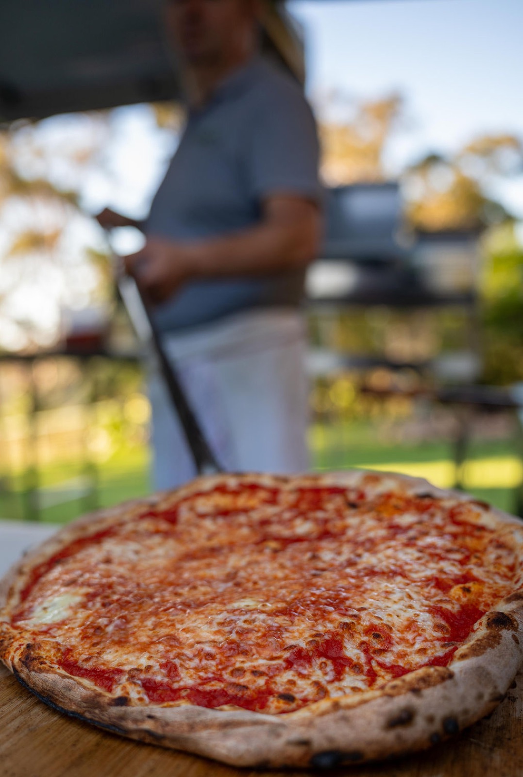 Wood-fired margherita pizza fresh from the oven